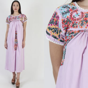 Lilac Oaxacan Long Dress / Violet Hand Embroidered San Antonio / Little People Cotton Mexican Maxi Dress 