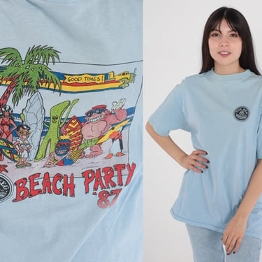 The Keg Steak and Seafood Shirt 80s T&C Town and Country Surf Designs T-Shirt 1987 Surfer Gumby Graphic Tee Baby Blue Vintage 1980s Medium 
