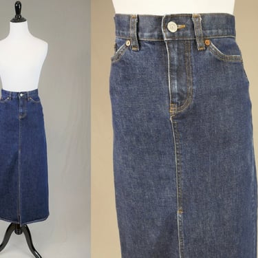 Vintage Gap Jean Skirt - 26" low rise waist, size 0 - Long Front Center Slit - Blue Cotton Lycra Stretch Denim - Dated 2001 