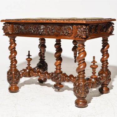 Antique Table, Louis XIII Style, Carved Wood, Walnut, Fancy, 19th C, 1800s