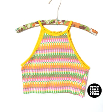 Super Cute Vintage 70s Yellow Pastel Green Pink Woven Crop Top 