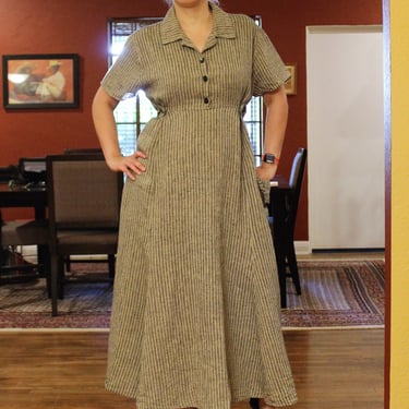 Vintage Flax by Jeanne Engelhart Maxi Dress, Small Women, taupe black striped linen, short sleeve 