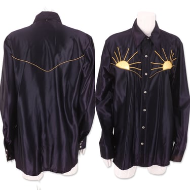 70s mens satin shirt M, vintage 1970s black snap front shirt, gold appliqué sunrise shirt, glam rock disco M 40 