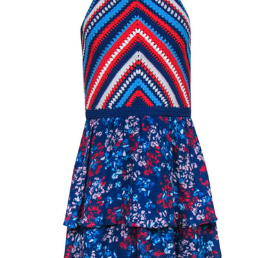 Parker - Blue, Red &amp; White Floral Print &amp; Crochet Fit &amp; Flare Dress Sz 2