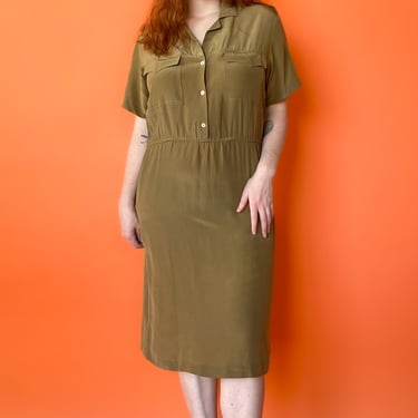 1990s Short Sleeve Button Down Tan Dress, sz. XL/1X