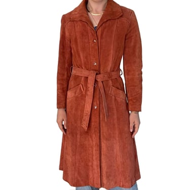Vintage 1970s Womens Mid Mod Orange Rust Suede Leather Retro Trench Coat Sz M 