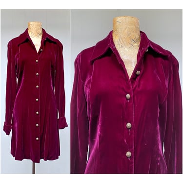 Vintage 1990s Velvet Shirt Dress, Hugo Buscati Red-Violet Princess Seam Party Dress or Duster, 36" Bust 