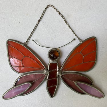 Vintage Stained Glass Butterfly, Hanging Suncatcher, Window Decor, Orange And Amber, Light Lavender Pink 
