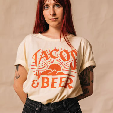 Tacos & Beer Mens Womens Foodie T shirt | Funny Taco Shirt | Taco Tshirt | Cerveza | Brewing | Desert | Mexican Food | 70s Boho Vintage 