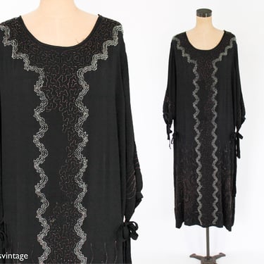 1920s Black Silk Evening Dress | 20 Black Beaded Silk Evening Dress | Extra Large 