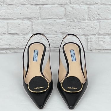 Prada Pointed Slingback Round Orbit Logo, Black