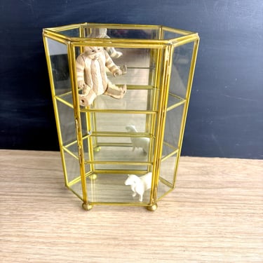 Glass and brass mini display case with mirror back - vintage curio - 3 tier 