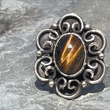 Vintage Mexican Sterling Silver and Tigers Eye Stone Center Flower Ring 