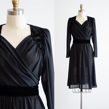 sheer black dress 70s 80s vintage black chiffon velvet knee length dress 