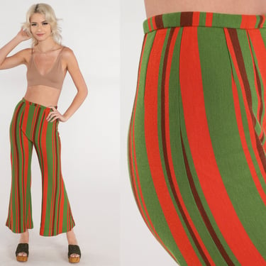 Striped Bell Bottoms 70s Flare Pants High Waisted Rise Green Orange Bellbottom Trousers Mod Boho Hippie Flared Leg Retro Vintage 1970s XS 24 