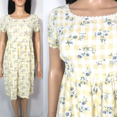 Vintage 90s Gingham Floral Babydoll Dress Size XS Or Youth 16 