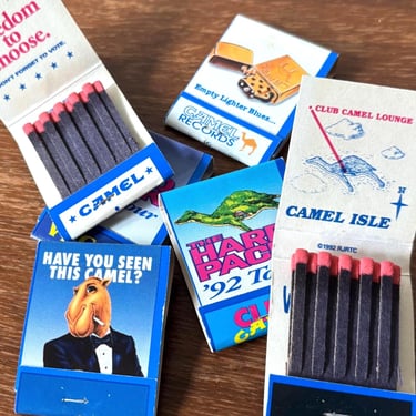 Vintage 1992 Joe Camel Hard Pack Tour Matchbook Set of 6 | Vegas Club Party Record Debate | Empty Lighter Blue | RJ Reynolds Humor Retro Ads 