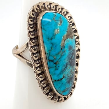 Vintage Artisan Large Bright Blue Turquoise & Sterling Silver Ring Sz 7.25 Southwestern 