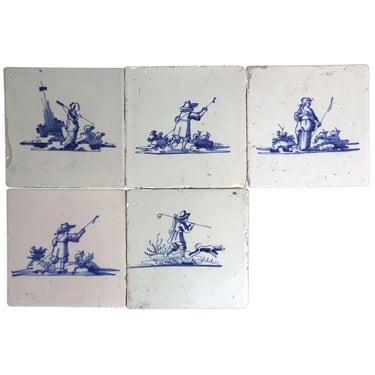 Antique Set of Five Dutch Delft Blue and White Pottery Square Figural Shepherd Tiles 