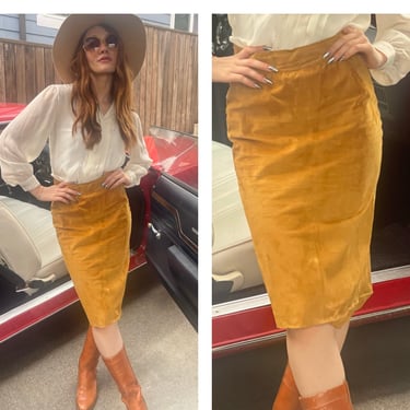 70s Camel Hue Genuine Suede Leather Skirt Wiggle Skirt Boss Lady S M 