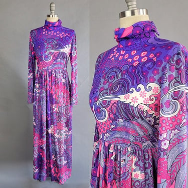 1960s Floral Maxi / 1960s Psychedelic Dress / Flower Power Dress / Vibrant Pink & Purple Floral Maxi Dress / Size Medium Large 