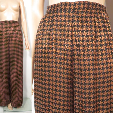 Vintage 90s Silk Houndstooth Print Wide Leg Pants With Pockets Size S/M 