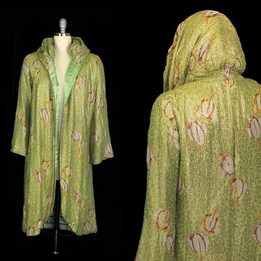 1920s Flapper Coat / 20s GREEN Floral Metallic Lamé Coat / HOODED Opera Coat / Gold Lame Coat 