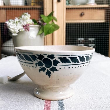 Beautiful farmhouse tea stained vintage  French ironstone cafe au lait bowl with lovely dark blue floral design- BB1 