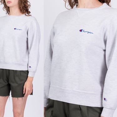 90s Champion Heather Grey Cropped Sweatshirt - Medium | Made In USA Crew Neck Plain Streetwear Pullover 