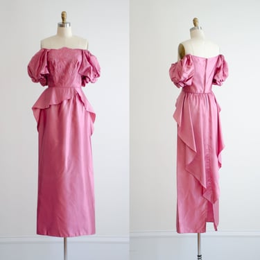 pink prom dress 80s vintage embroidered puff sleeve off shoulder peplum satin gown 