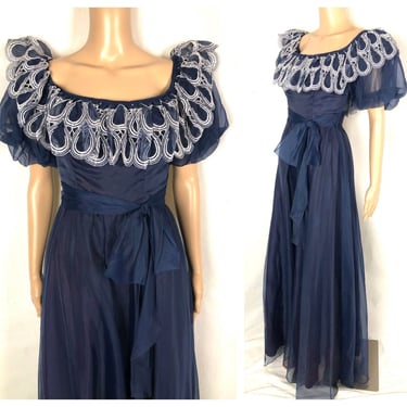 Vintage 1970's Navy Blue Organza Off the Shoulder Puff Sleeve Princess Gown w/ White Embroidered Petal Neckline - size XS Small 