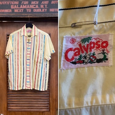 Vintage 1950’s “Calypso” Candy Stripe Loop Collar Acetate Rockabilly Shirt, Matched Pocket, 50’s Vintage Clothing 