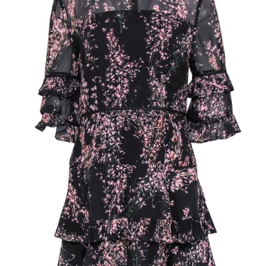 Keepsake - Black Floral Pleated Ruffle Tiered Mini Dress Sz M