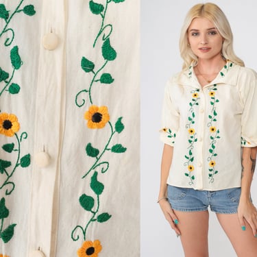 Floral Embroidered Top 90s Sunflower Shirt Cream 1/2 Sleeve Blouse Button up 1990s Vintage Off-White Yellow Flower Summer Boho Hippie Small 