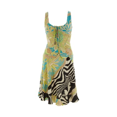 Roberto Cavalli Green + Blue Zebra Print Skirt Set