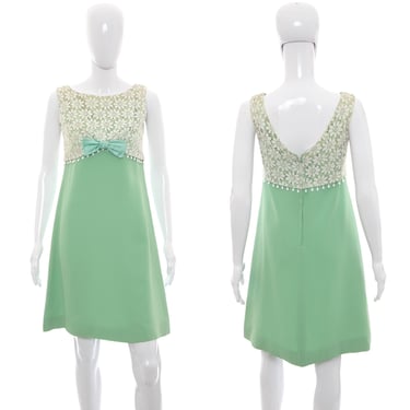 1960's Mint and White Lace Detail Dress Size S