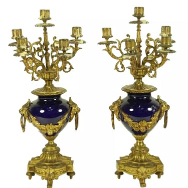 Antique Candelabra, Bronze, French, Porcelain, Deep Blue, Pair, 19th C., 1800's