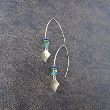 Gold and teal frosted glass earrings, bohemian earrings 