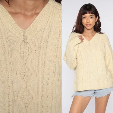 Cream Wool Sweater Raglan Sleeve Cable Knit Sweater 80s Fisherman Slouchy Chunky Knit Boho Pullover Cableknit 1980s Vintage Large L 
