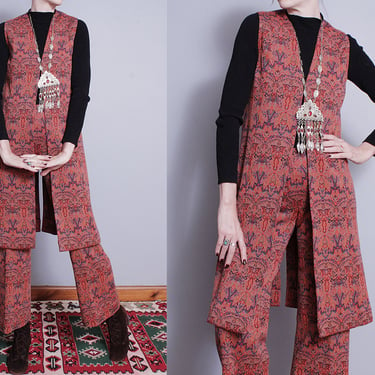 Vintage 1970's | 2 Piece Outfit | Psychedelic | Patterned | Flared Pants | Long Vest | Made in France | S 