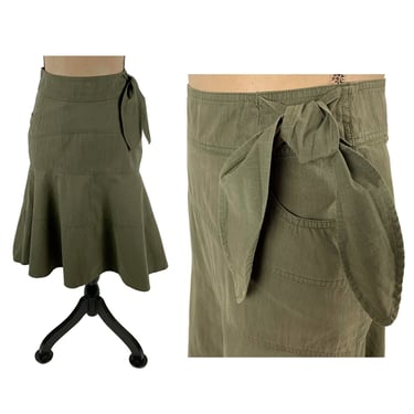 Olive Midi Trumpet Skirt Small, 90s Y2K Flared Cotton Skirt with Pockets, Army Green Minimalist 28 Waist, Casual Clothes Women Vintage 