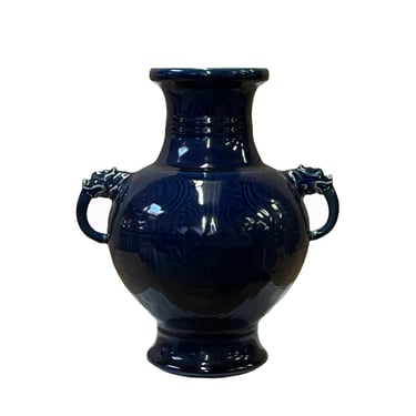 Chinese Dark Navy Blue Glaze Ceramic Dragon Ears Vase Display ws2609E 