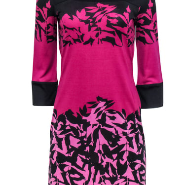 Diane von Furstenberg - Pink &amp; Black Floral Print Long Sleeve Shift Dress Sz 4