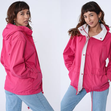 Bright Pink Hooded Windbreaker Jacket 80s Pacific Trail Zip Up Cotton Blend Hoodie Windbreaker Hood Coat Hood Vintage Drawstring Small S 
