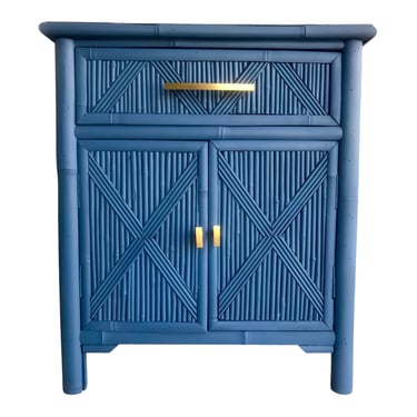 Vintage Chinoiserie Bamboo Cabinet Blue & Gold Versatile Entry Hallway Bedroom 2-Door 1-Drawer Storage Catchall Boho Coastal Chic Furniture 