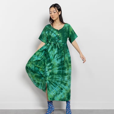 GREEN TIE DYE Maxi Dress Vintage Short Sleeves Relaxed Fit Baggy Loose Scoop Neck / Medium 