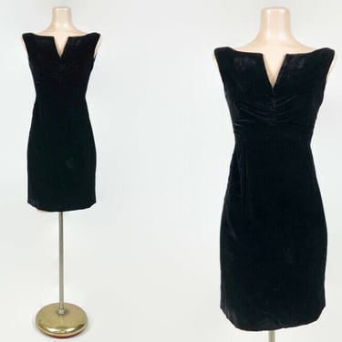 VINTAGE 60s Black Velvet Space Age Mini Dress with Pointed Batteau Neckline | 1960s Mod Cocktail Party Dress | VFG 