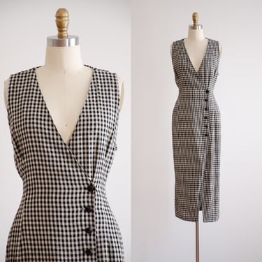 cute cottagecore dress 90s vintage black cream gingham checkered plaid sleeveless wrap dress 