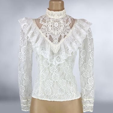 VINTAGE 70s Victorian Lace Blouse by Gunnies- Gunne Sax Jessica McClintock Sz 7 | 1970s White Ivory Sheer Cottage Blouse | VFG 