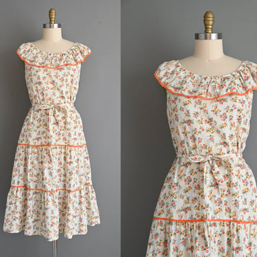 1950s vintage dress | Orange & Yellow Floral Cotton Dress | Medium Large | 